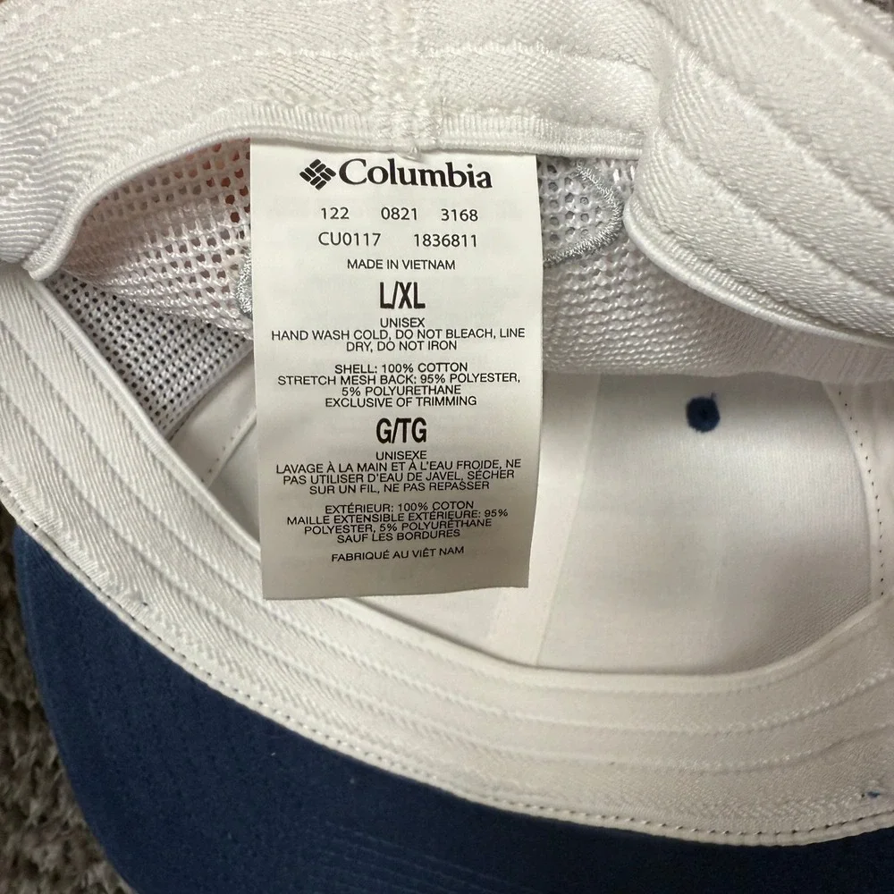 Columbia Unisex PFG L XL Blue White Trucker Hat American Flag Fish Flexfit